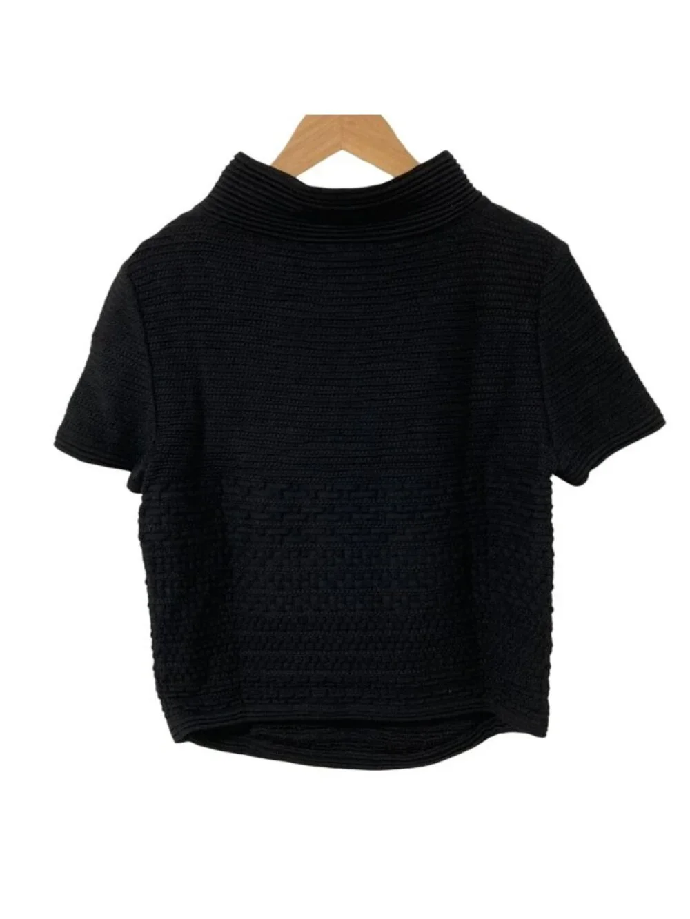 Chanel CC Logo Plate Bottleneck Short Sleeve Knit Top 36 Black Sweater